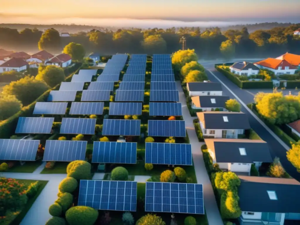 Barrio residencial con techos llenos de paneles solares relucientes captando la luz del sol