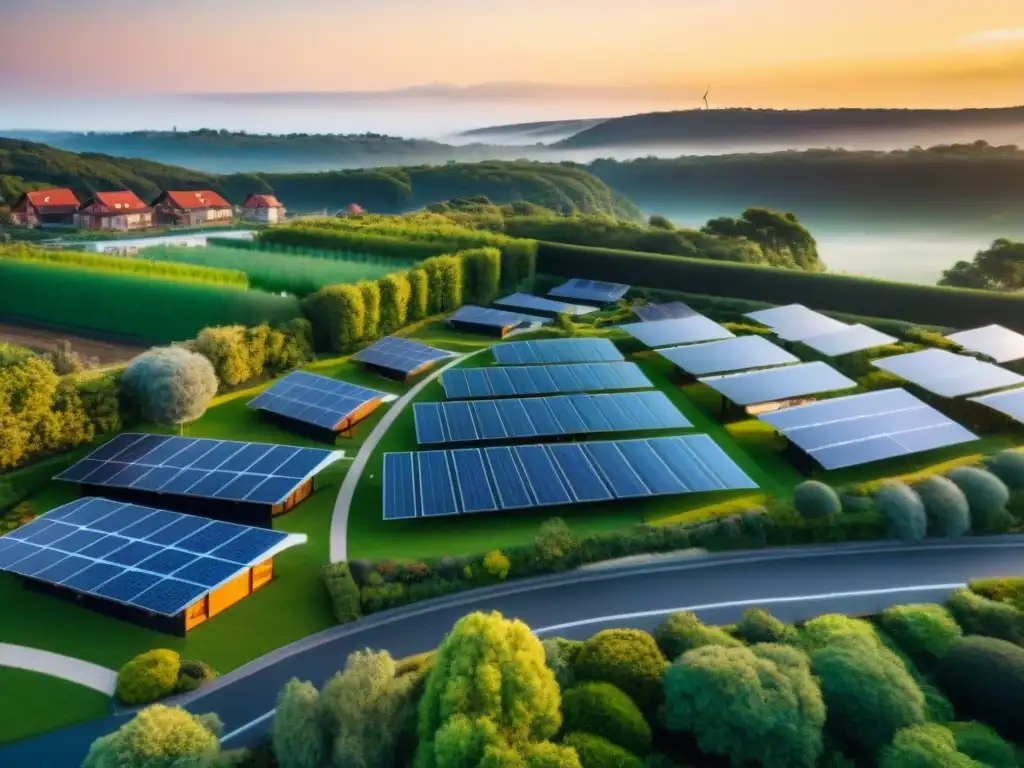 Barrio sostenible con paneles solares, vegetación y parque eólico al atardecer