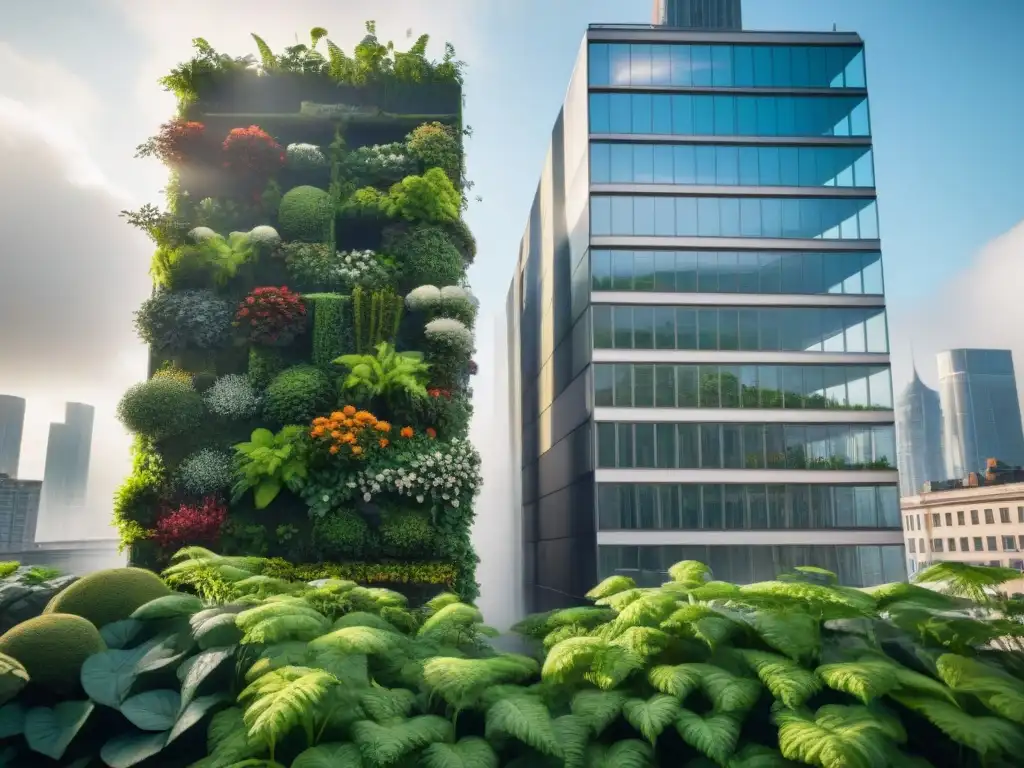 Beneficios de los jardines verticales en el aire urbano: contraste entre naturaleza y ciudad en un muro verde exuberante