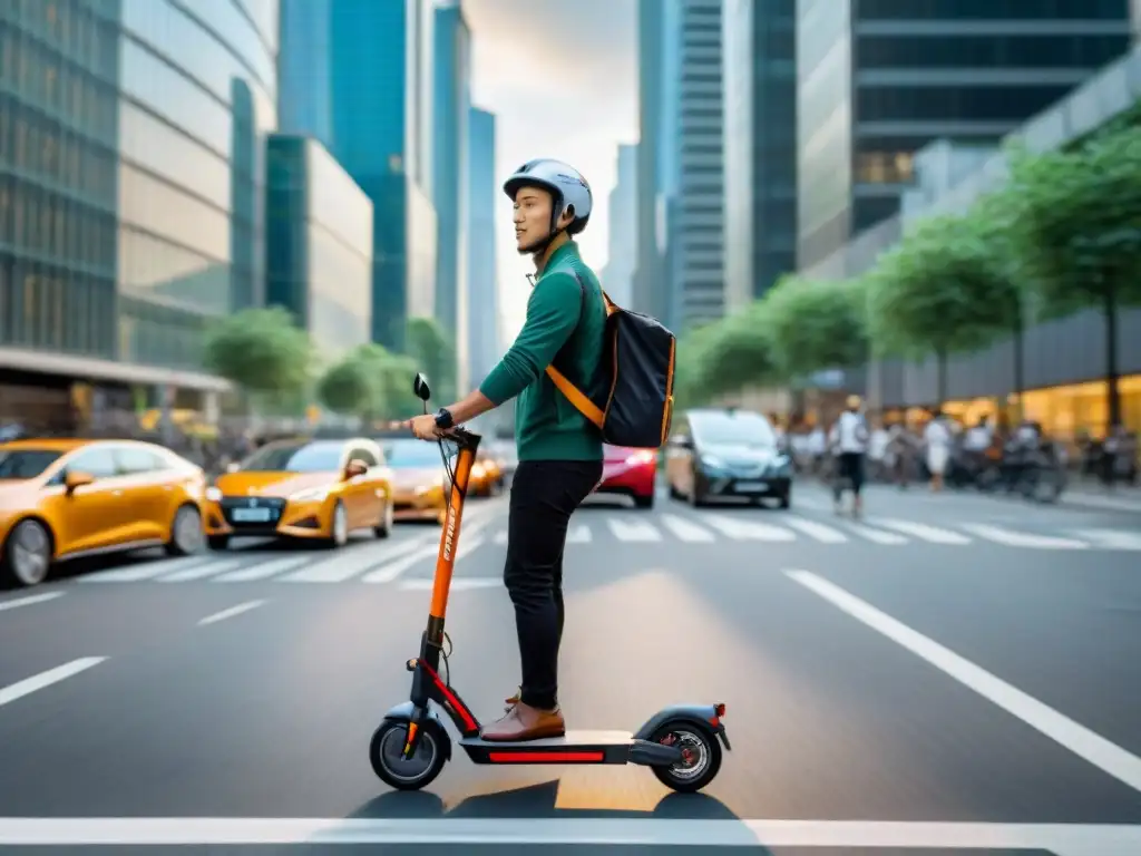 Beneficios de los patinetes eléctricos: Personas en scooters eléctricos en bulliciosa calle de la ciudad, rodeados de rascacielos y zonas verdes