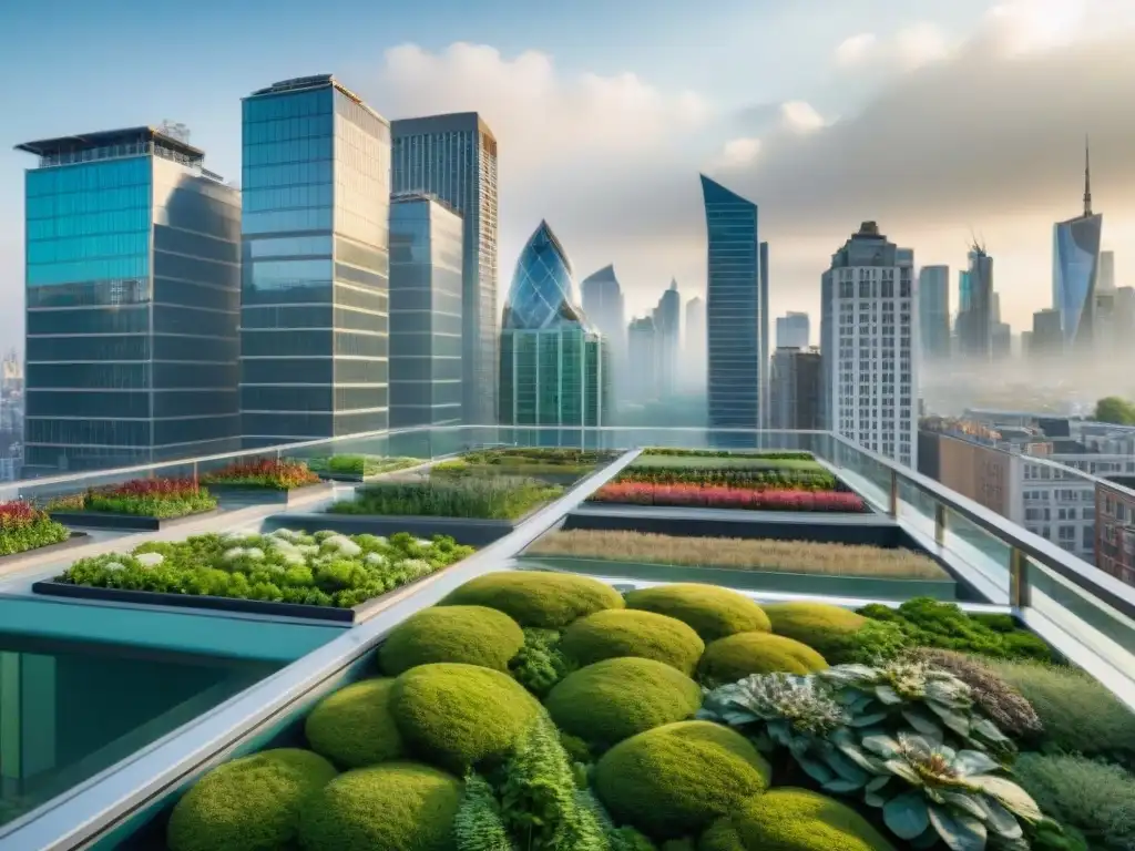 Beneficios de techos verdes en arquitectura sostenible: Jardines exuberantes en contraste con modernos edificios urbanos