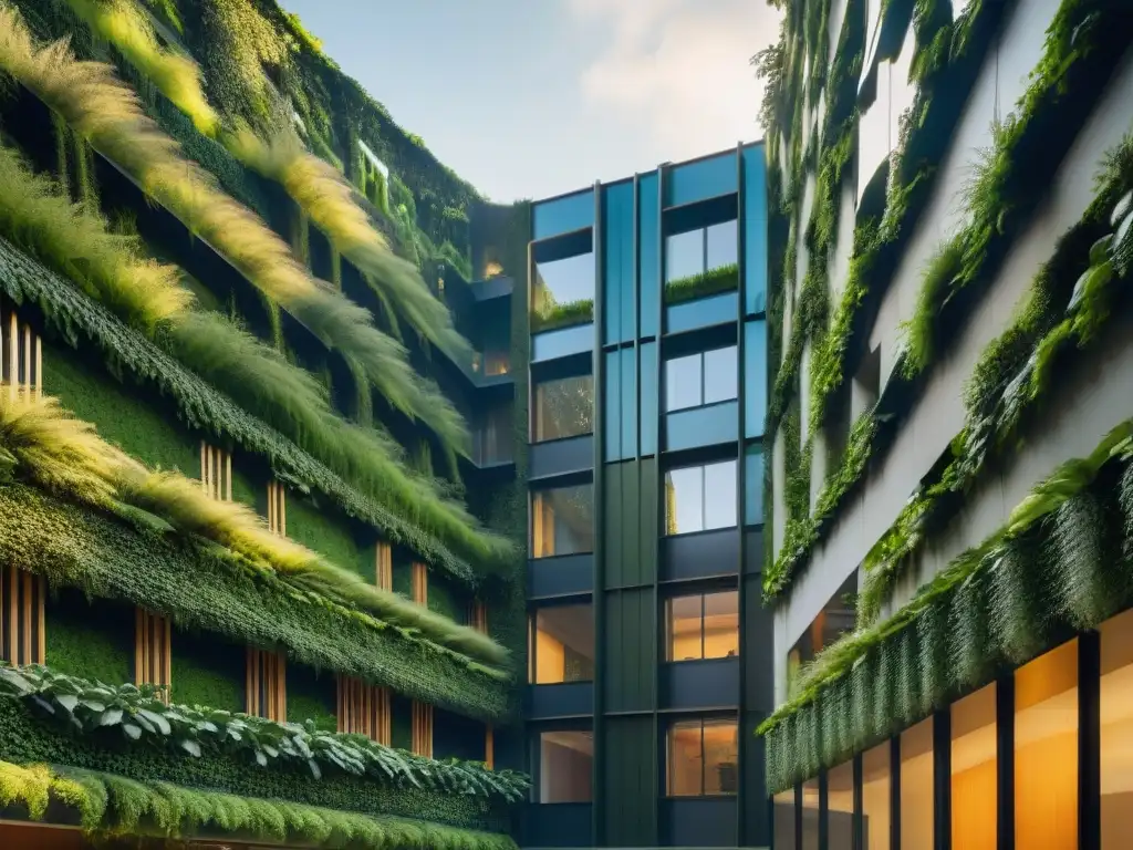 Diseño biofílico en arquitectura sostenible: Edificio moderno rodeado de exuberante vegetación, con jardín vertical y juegos de luz y sombra