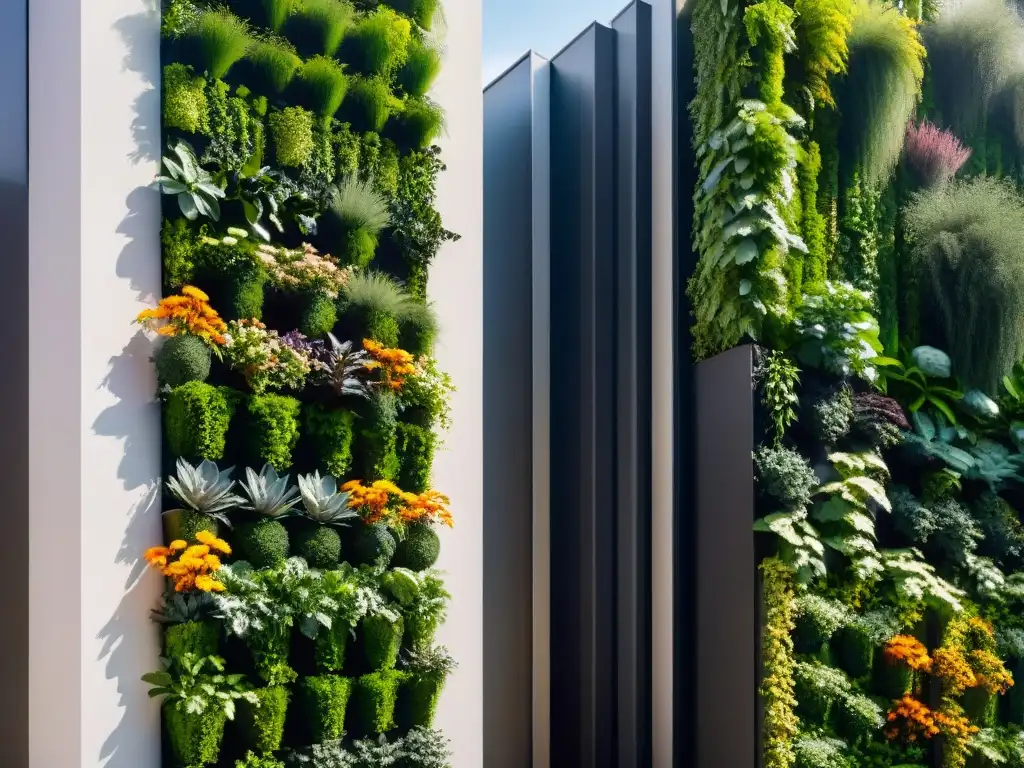 Diseño biofílico en arquitectura sostenible: impresionante jardín vertical vibrante en fachada moderna