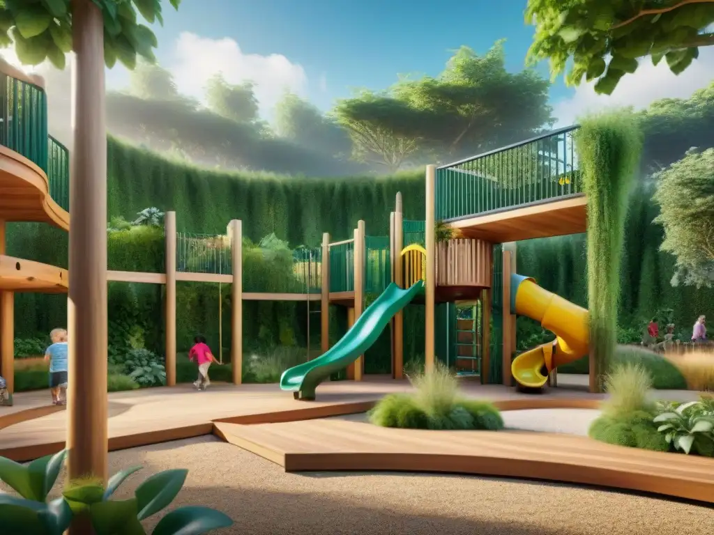 Diseño biofílico para bienestar infantil: un innovador y vibrante parque infantil con elementos naturales donde niños juegan felices juntos