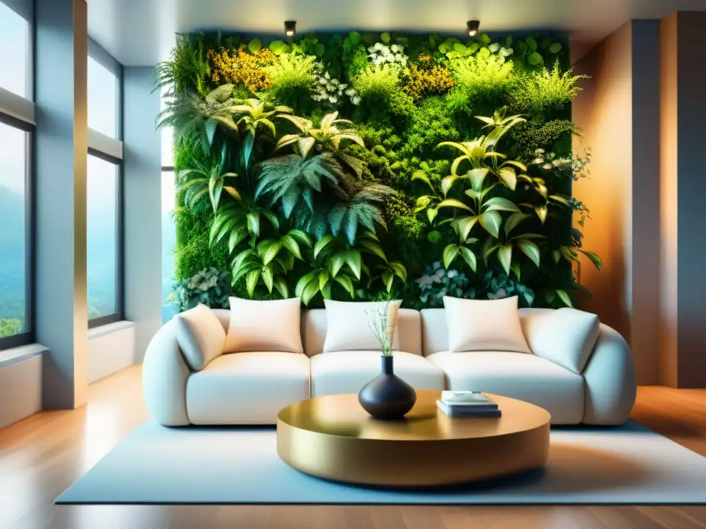 Diseño Biofílico para Hogar Saludable: Un muro verde exuberante en sala moderna, con plantas vibrantes y luz natural