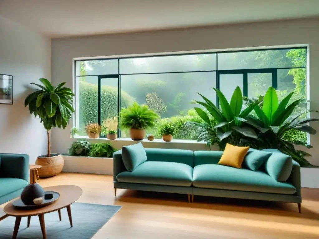 Diseño biofílico para hogares: Sala acogedora iluminada por luz natural, con plantas verdes y diseño moderno en armonía