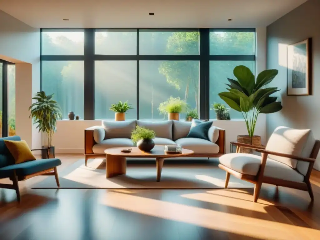 Diseño biofílico para hogares: Sala moderna inundada de luz natural, creando un ambiente cálido y acogedor con muebles elegantes y plantas de interior