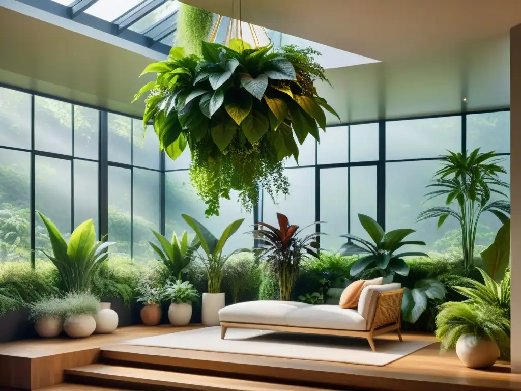 Diseño Biofílico para Novatos: Espacio interior sereno con exuberantes plantas verdes colgando y revistiendo las paredes, creando armonía y paz