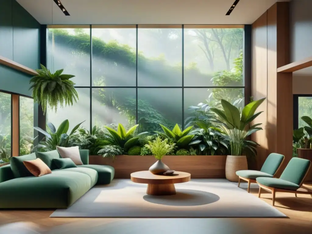 Diseño biofílico para salud mejorada: Sala moderna con luz natural, plantas verdes y muebles de madera