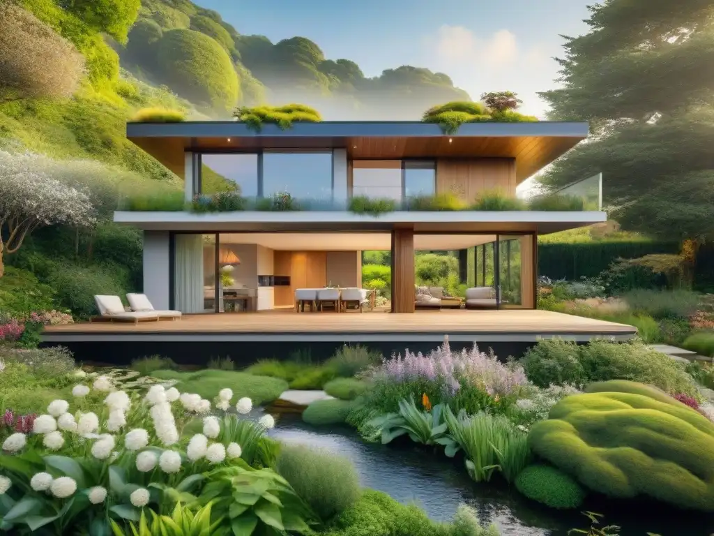 Diseño biofílico para vivienda sostenible: Casa moderna integrada en exuberante paisaje verde con luz natural y vida silvestre