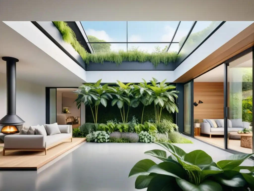 Diseño biofílico para vivienda sostenible: hogar moderno integrado con naturaleza exuberante y elementos ecológicos