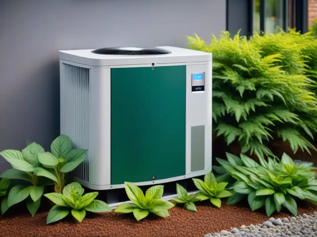 Una bomba de calor moderna y eficiente rodeada de plantas verdes, integrando tecnología sustentable en una casa pasiva