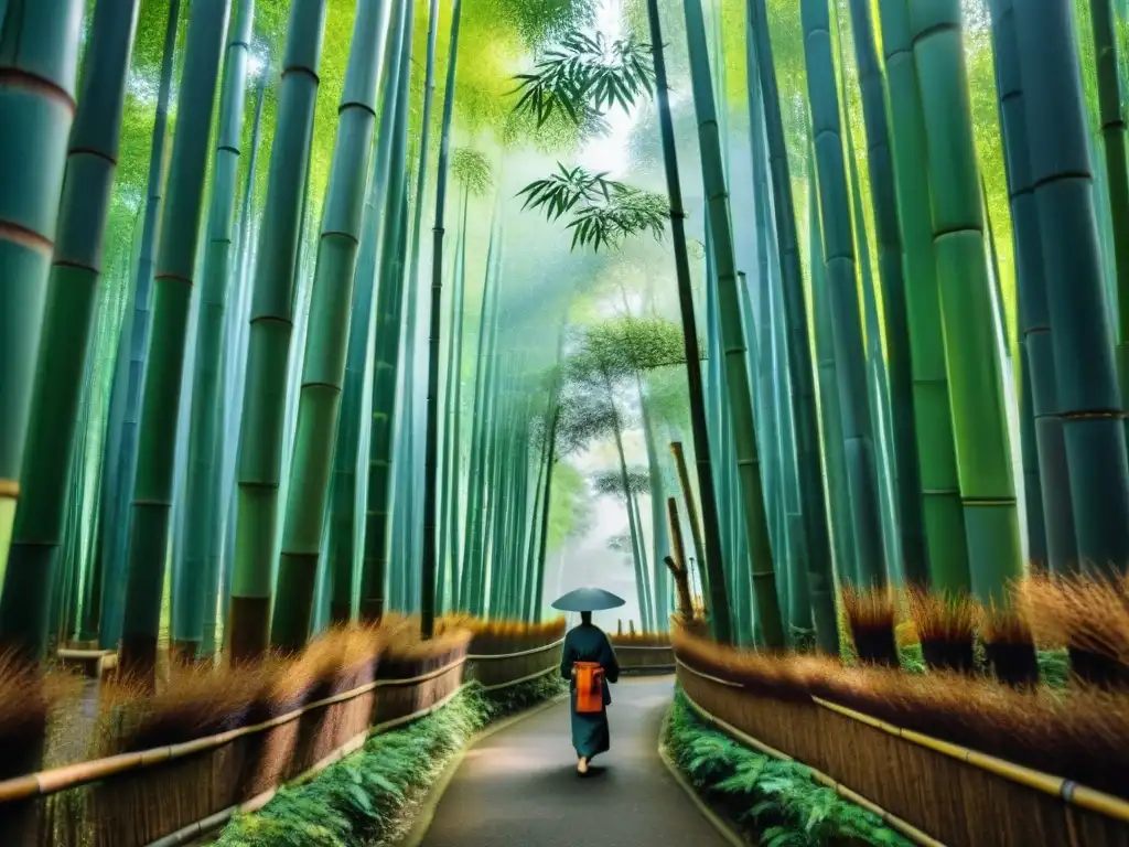 Un bosque de bambú exuberante y sereno en Kyoto, Japón, con filtración de luz solar, sombras intrincadas y turismo sostenible en Japón