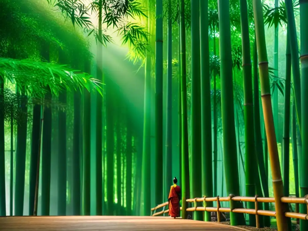 Bosque de bambú en Asia: serenidad y espiritualidad Un bosque de bambú verde exuberante en Asia con un templo budista de madera, perfecto para retiros ecológicos en Asia
