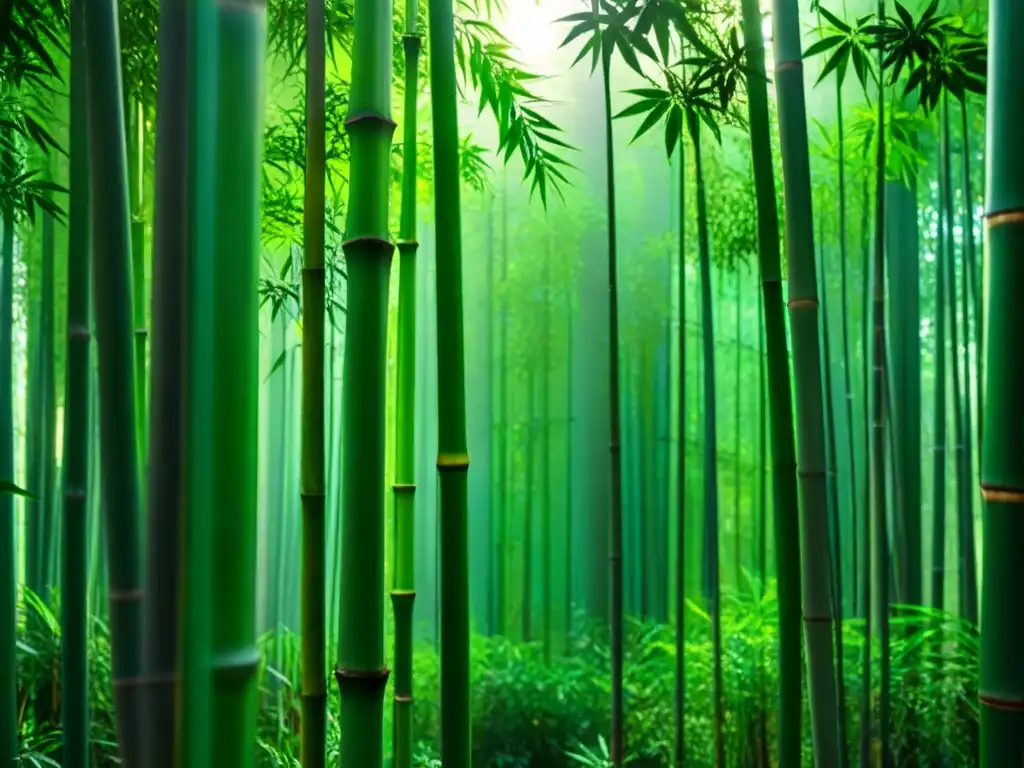 Un bosque de bambú verde exuberante en Asia con luz solar filtrándose, resaltando la belleza natural y biodiversidad