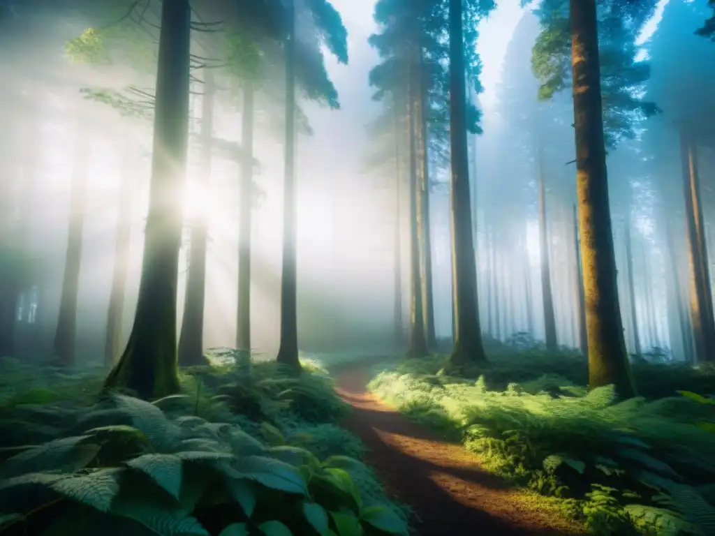 Bosque exuberante con árboles altos y luz solar filtrándose