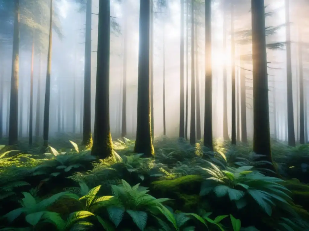 Bosque exuberante con árboles altos y rectos, luz filtrándose entre el dosel