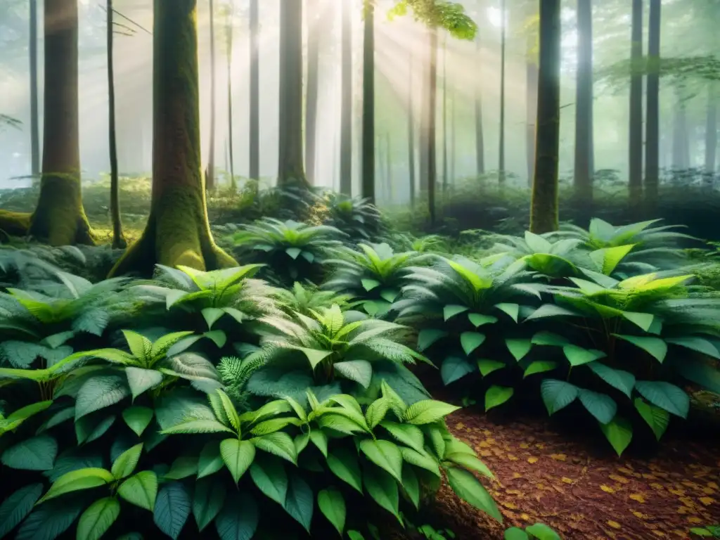 Un bosque exuberante con árboles de diferentes especies, luz filtrándose entre el dosel y un ambiente de armonía natural