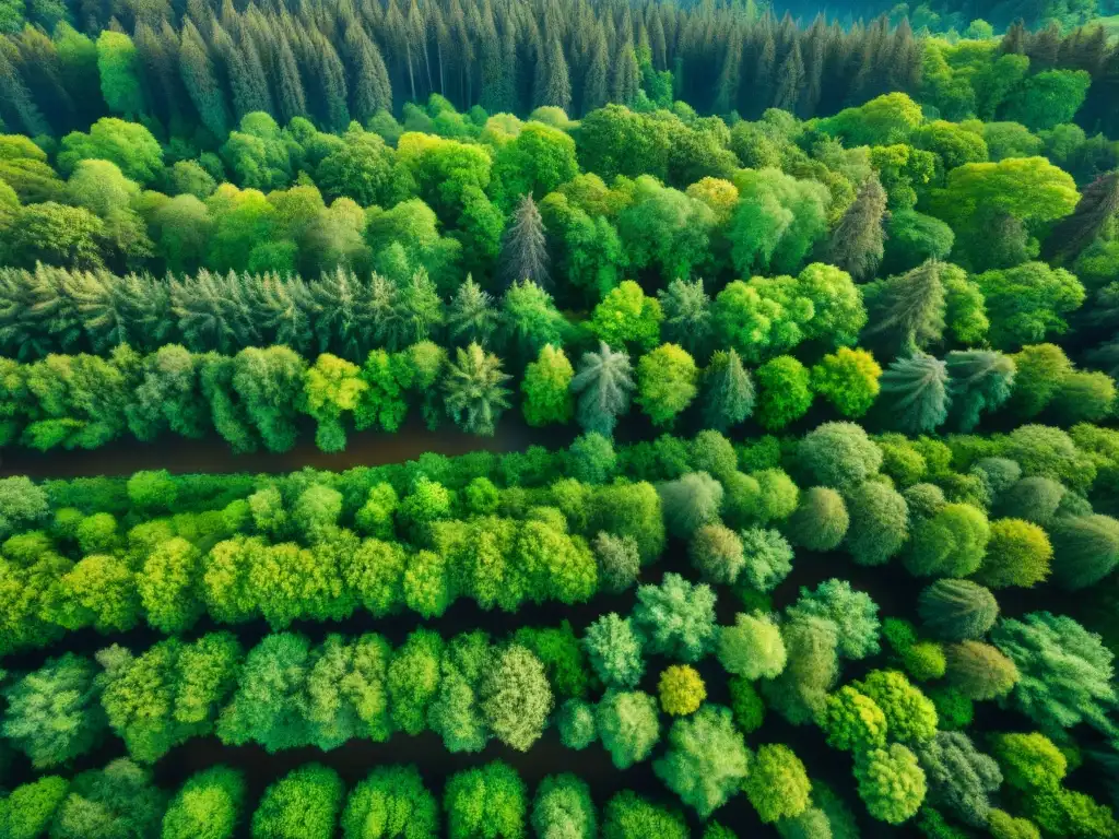 Un bosque exuberante con árboles verdes vibrantes, reflejando la importancia de las normativas ambientales países líderes