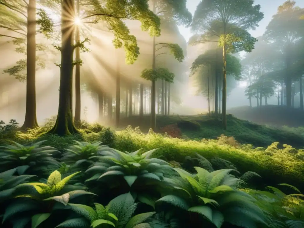 Un bosque exuberante bañado en luz dorada, con árboles altos y niebla, reflejando la paciencia y beneficios de la inversión en tecnología verde