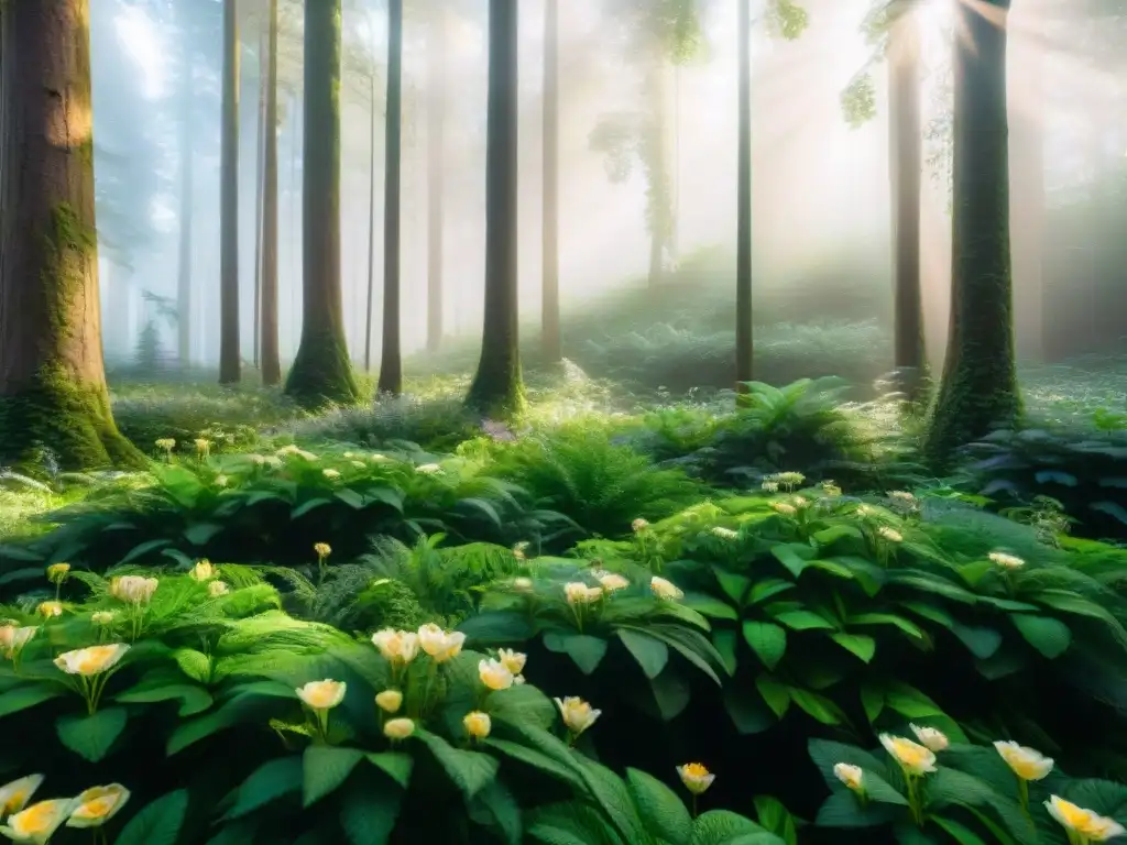 Un bosque exuberante y denso con árboles altos que proyectan luz solar moteada en el suelo del bosque