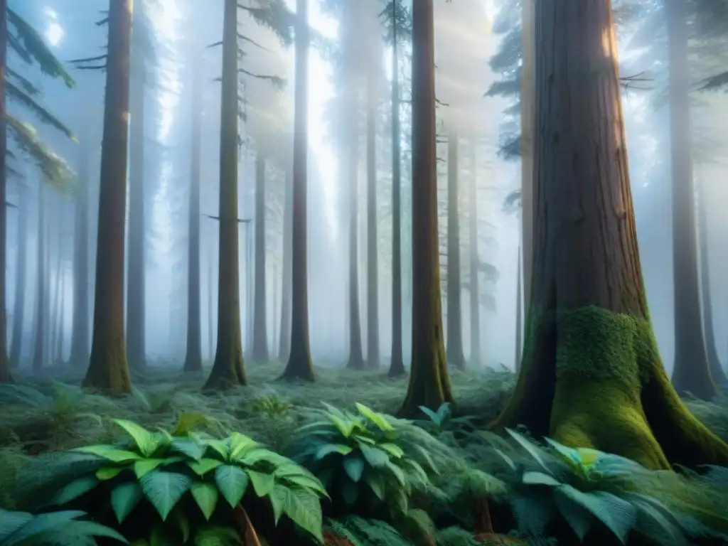 Un bosque exuberante y denso con árboles altos, luz solar filtrándose y creando patrones en el suelo