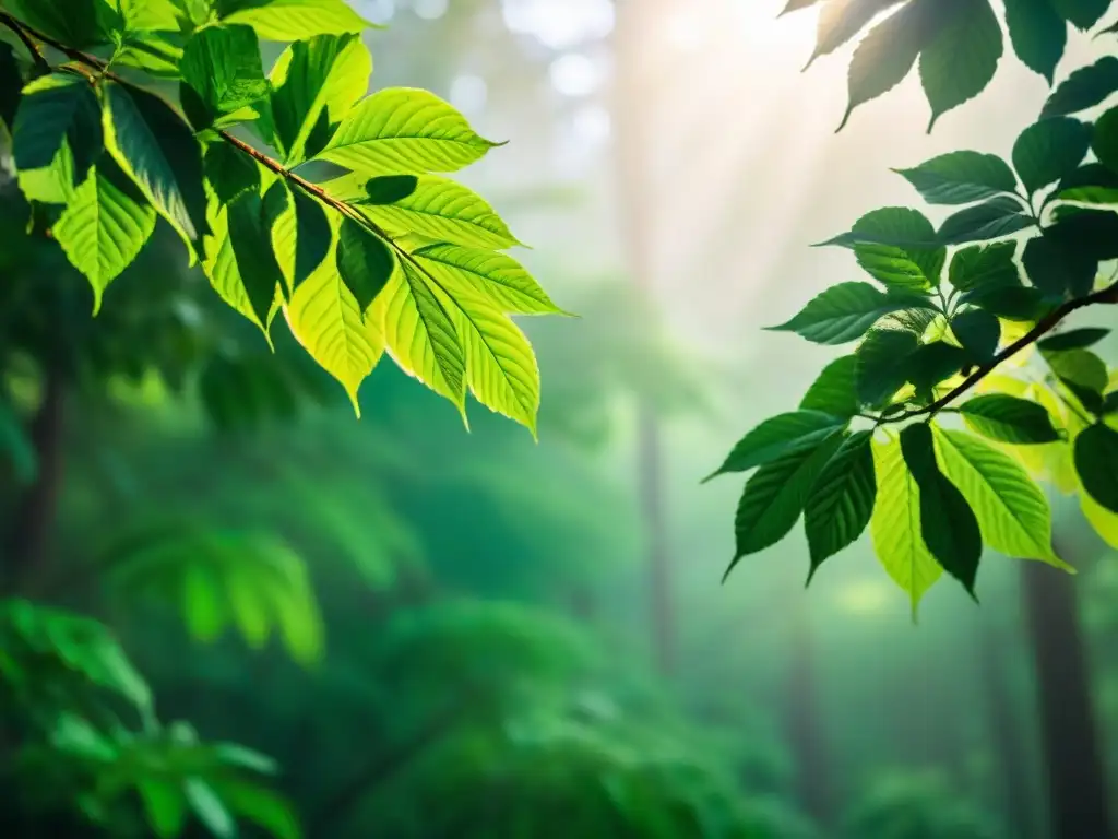 Un bosque exuberante y detallado con luz solar filtrándose entre el dosel, resaltando la vegetación vibrante