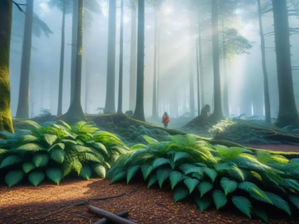 Un bosque exuberante con diversa fauna y una persona recolectando ramas caídas