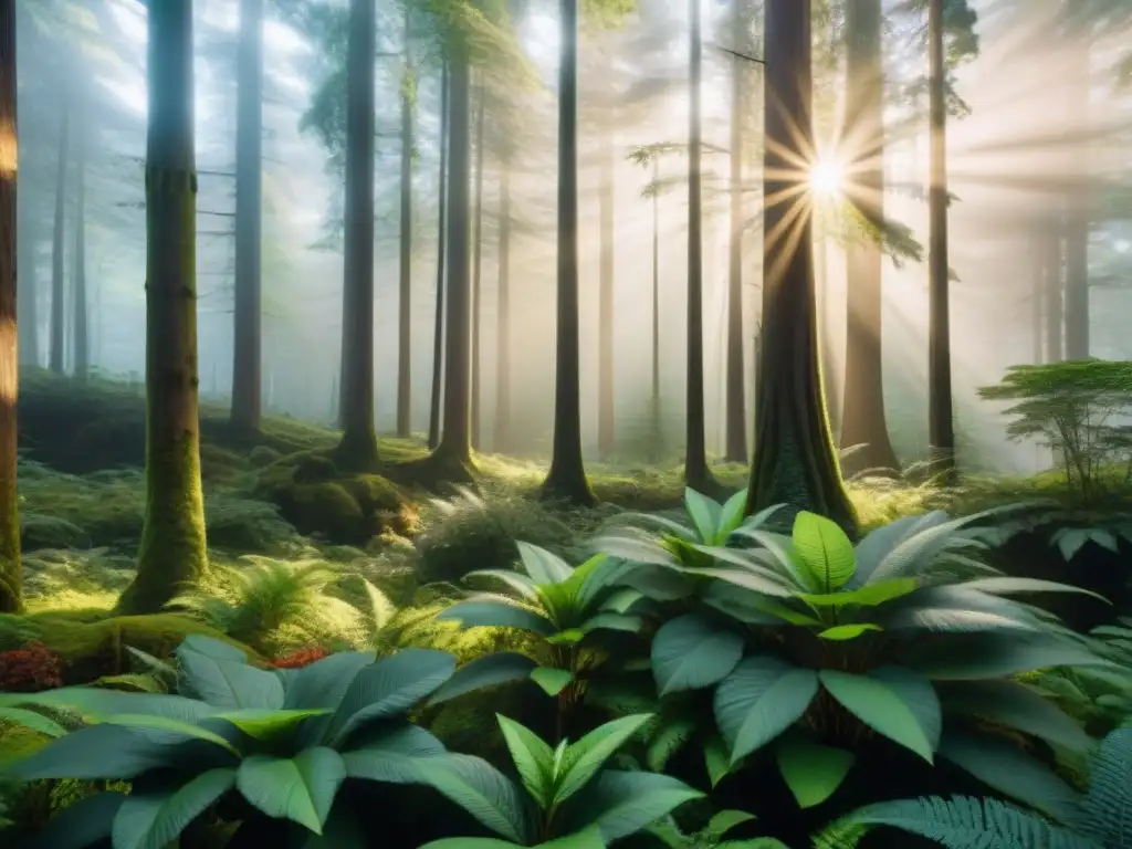 Bosque exuberante con diversa flora y árboles majestuosos, reflejando la belleza de la madera sostenible para construcción