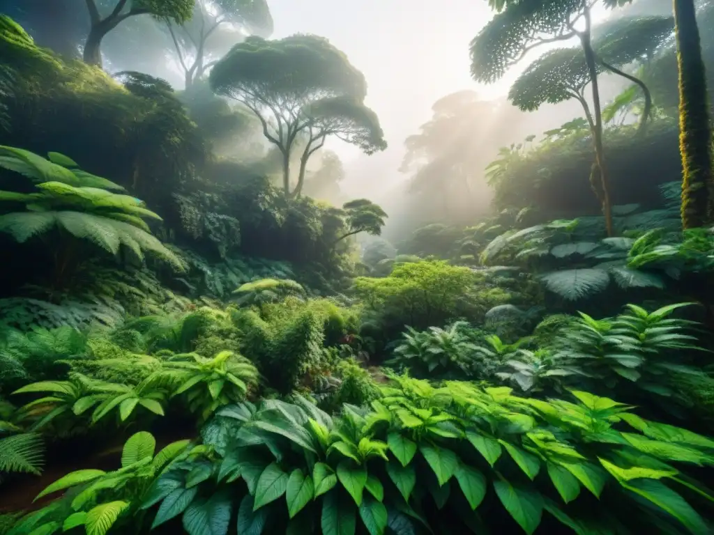 Un bosque exuberante con una diversa vida silvestre y plantas, resaltando la importancia de la ventilación natural sostenible