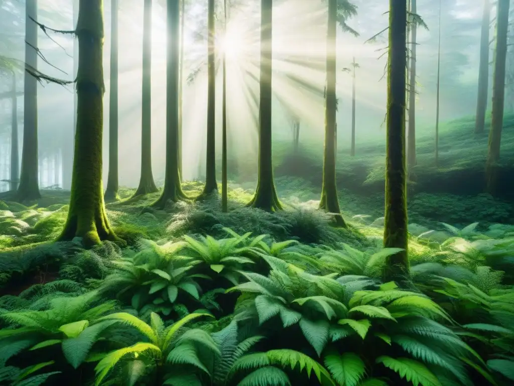 Un bosque exuberante y diverso, con luz solar filtrándose entre el dosel, muestra la conexión entre plantas, animales y el ambiente