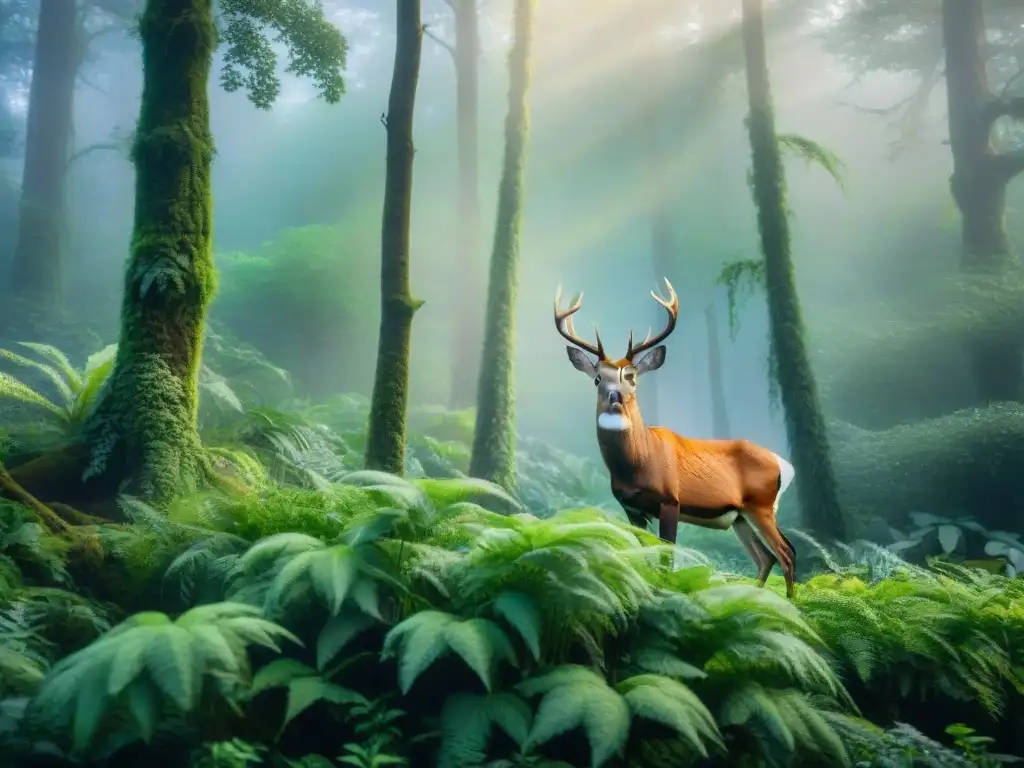 Un bosque exuberante donde la flora y fauna conviven en armonía, reflejando la sostenibilidad y la interconexión de la naturaleza