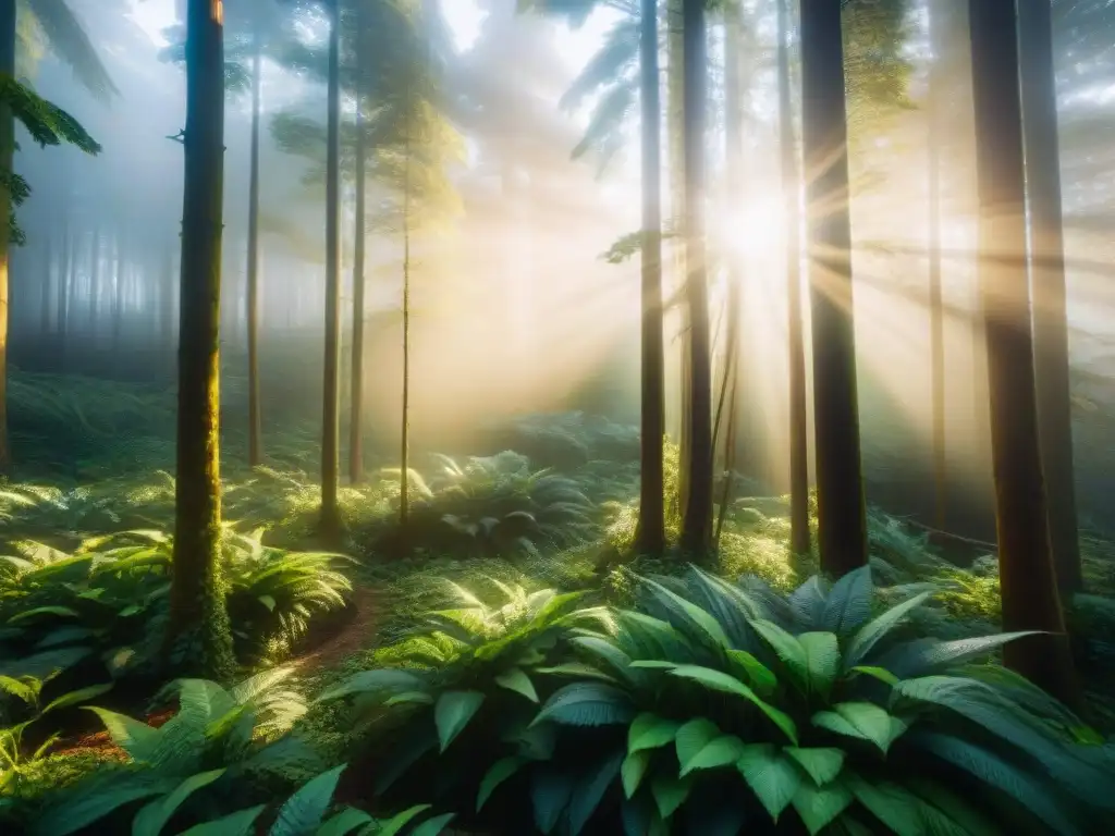 Un bosque exuberante con luz filtrada, biodiversidad y belleza natural, resaltando beneficios ambientales de la construcción en madera