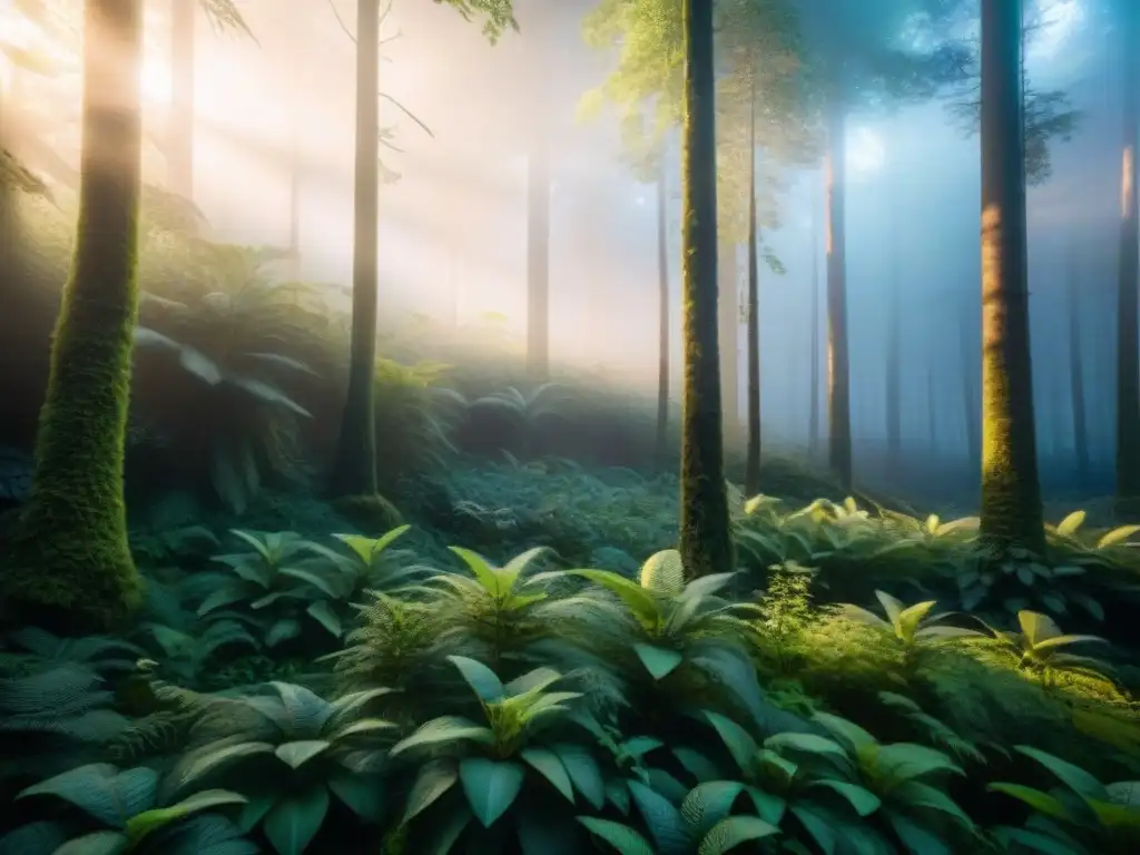 Un bosque exuberante al amanecer: la luz del sol filtrándose entre las copas, aves cantando