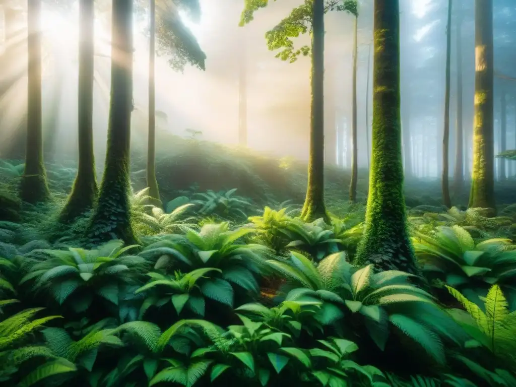 Un bosque exuberante con luz solar filtrándose entre el dosel, destaca la armonía del ecosistema