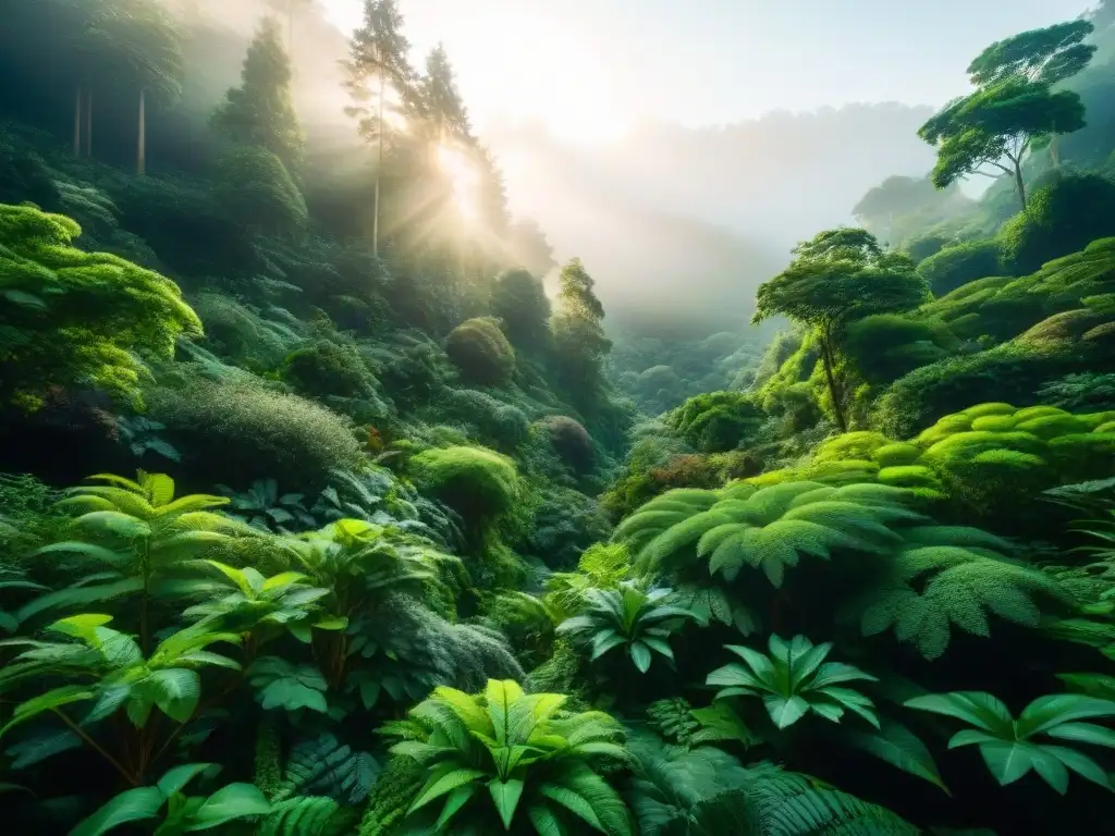 Exuberante bosque verde: armonía y biodiversidad Un bosque exuberante con luz solar filtrándose entre el dosel, resaltando la armonía de la naturaleza