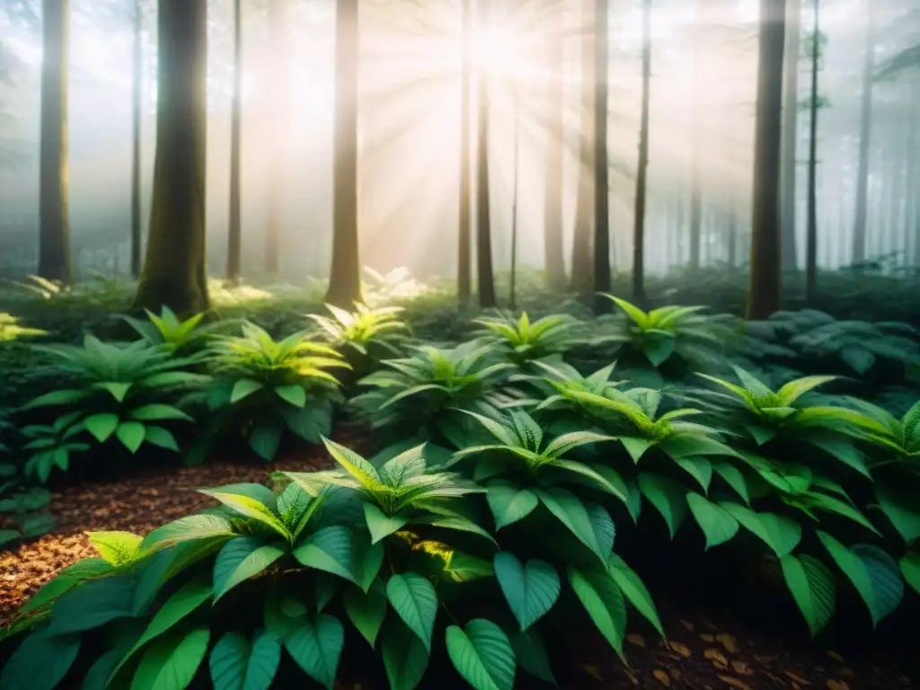 Un bosque exuberante con luz solar filtrándose entre el dosel, creando sombras moteadas en el suelo