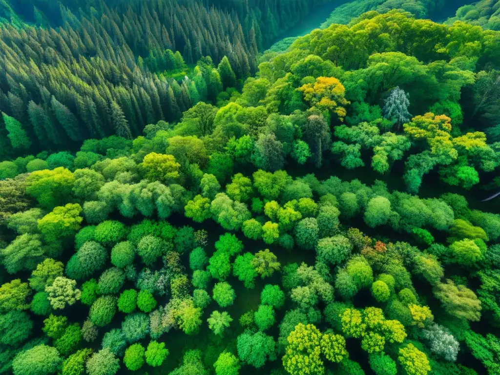 Un bosque exuberante con luz solar filtrándose entre las hojas, creando un patrón de luz y sombras