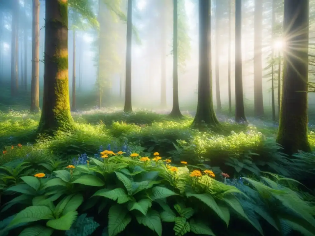 Un bosque exuberante con luz solar filtrándose entre el dosel, creando un ambiente armonioso y tranquilo