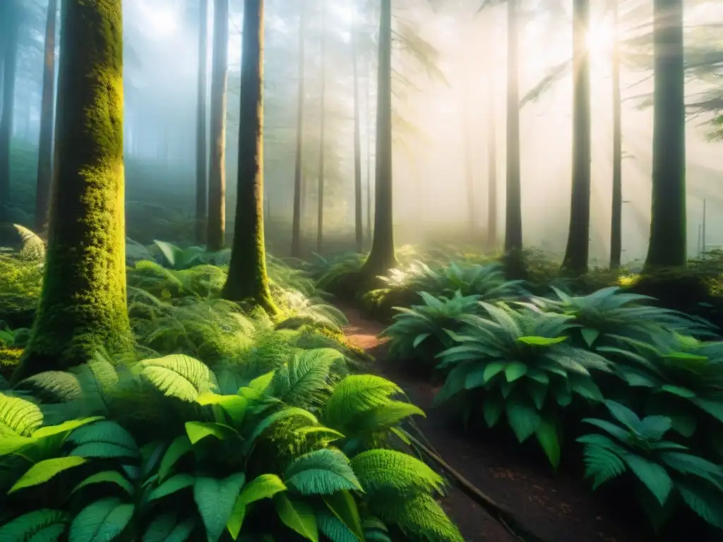 Un bosque exuberante con luz solar filtrándose entre el dosel, destaca la biodiversidad y la armonía de la naturaleza