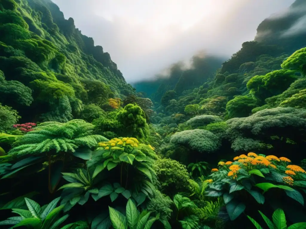 Un bosque exuberante con luz solar filtrándose entre el dosel, resaltando flora y fauna diversa