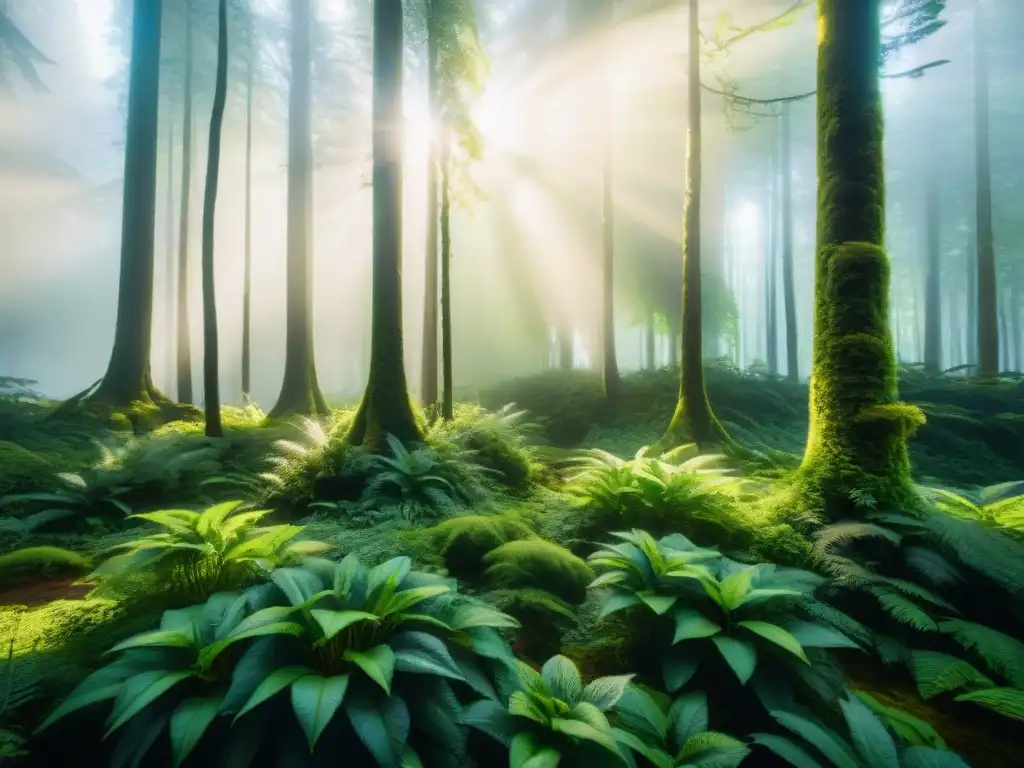 Bosque exuberante con luz solar filtrándose entre el dosel, mostrando diversa vegetación en tonos verdes