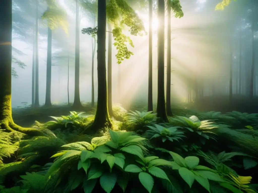 Un bosque exuberante con luz solar filtrándose entre el dosel, resaltando hojas vibrantes y diversa vida vegetal, mostrando la belleza y tranquilidad de la naturaleza en su forma más pura, ideal para propuestas de valor ecológicas