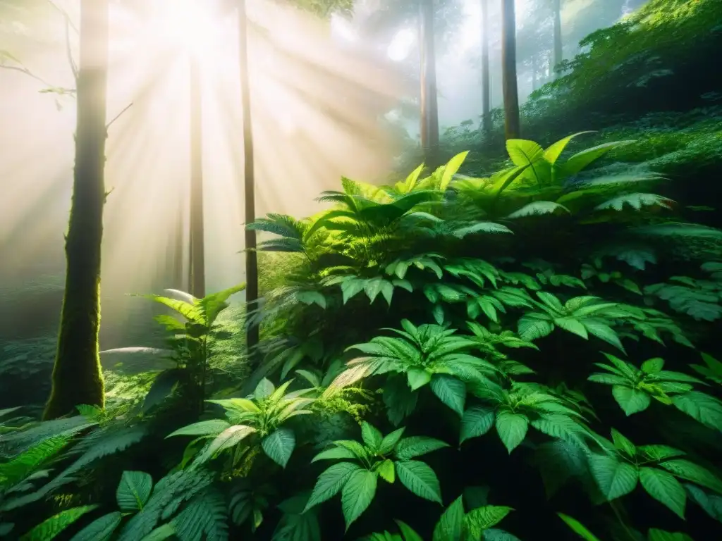 Un bosque exuberante con luz solar filtrándose entre las hojas, reflejando la biodiversidad y belleza natural