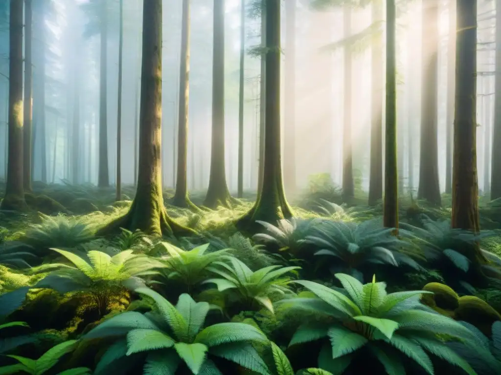 Un bosque exuberante con madera sostenible para construcción, resplandece con luz natural y biodiversidad