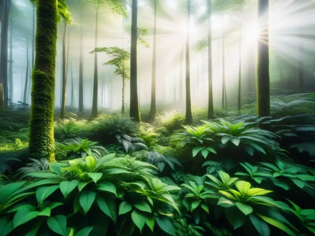 Un bosque exuberante con rayo de sol entre el dosel, resaltando hojas vibrantes y diversidad vegetal en armonía