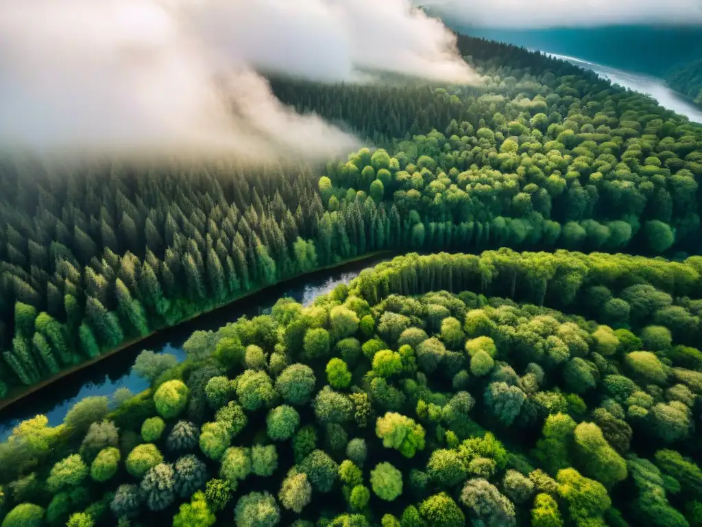 Un bosque exuberante con río serpenteante, resaltando la belleza natural y biodiversidad