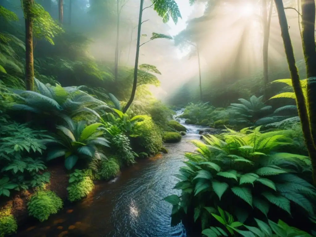 Un bosque exuberante con variedad de árboles y plantas, iluminado por el sol