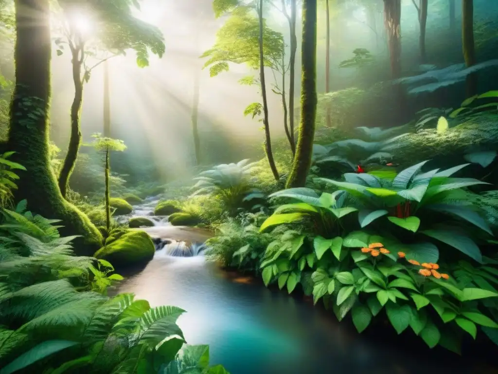 Un bosque exuberante y vibrante con luz solar filtrándose entre el denso dosel verde, resaltando la belleza y tranquilidad de la naturaleza