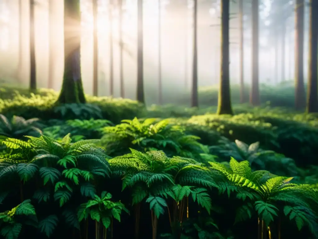 Un bosque exuberante y vibrante con luz solar filtrándose entre las hojas, reflejando la armonía de los préstamos hipotecarios verdes